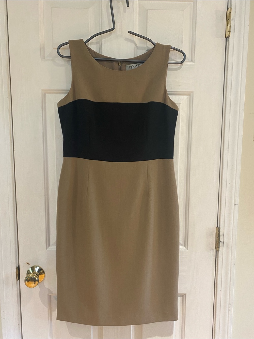 Kasper Tan Sheath Dress with Black Waist Panel